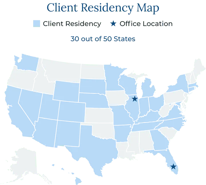 Client Residency Map: U.S. states with Vermillion clients (30 of 50) shaded; stars mark Illinois and Florida offices