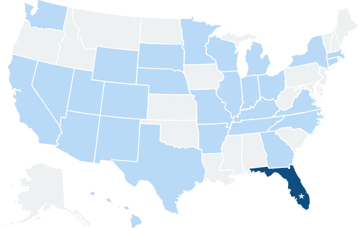 U.S. map of states with Vermillion clients; Florida highlighted, with a star marking the Bonita Springs office