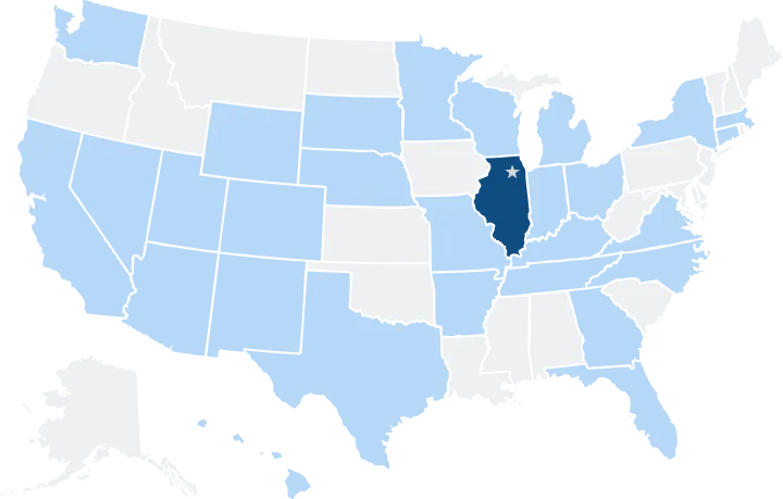 This is a map of the United States showing which states Vermillion has clients in. Illinois is displayed darker than the rest of the states, displaying their headquarters in Northern Illinois with a star.