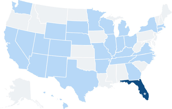 This is a map of the United States showing which states Vermillion has clients in. Florida is displayed darker than the rest of the states, displaying their headquarters in Southern Florida with a star.