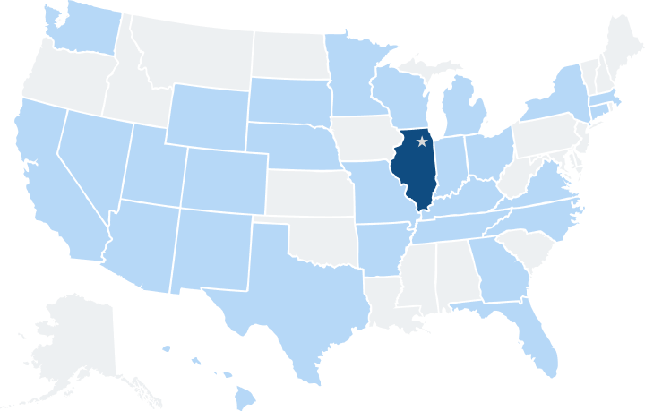 This is a map of the United States showing which states Vermillion has clients in. Illinois is displayed darker than the rest of the states, displaying their headquarters in Northern Illinois with a star.